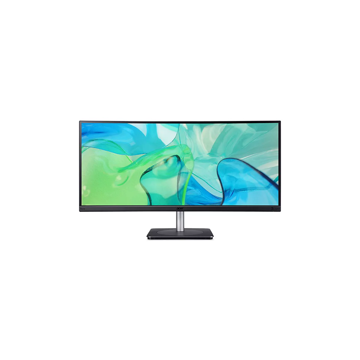Ein schwarzer Acer-Breitbildmonitor mit einem flüssigen, blau-grünen abstrakten Hintergrundbild auf einem silbernen Standfuß.