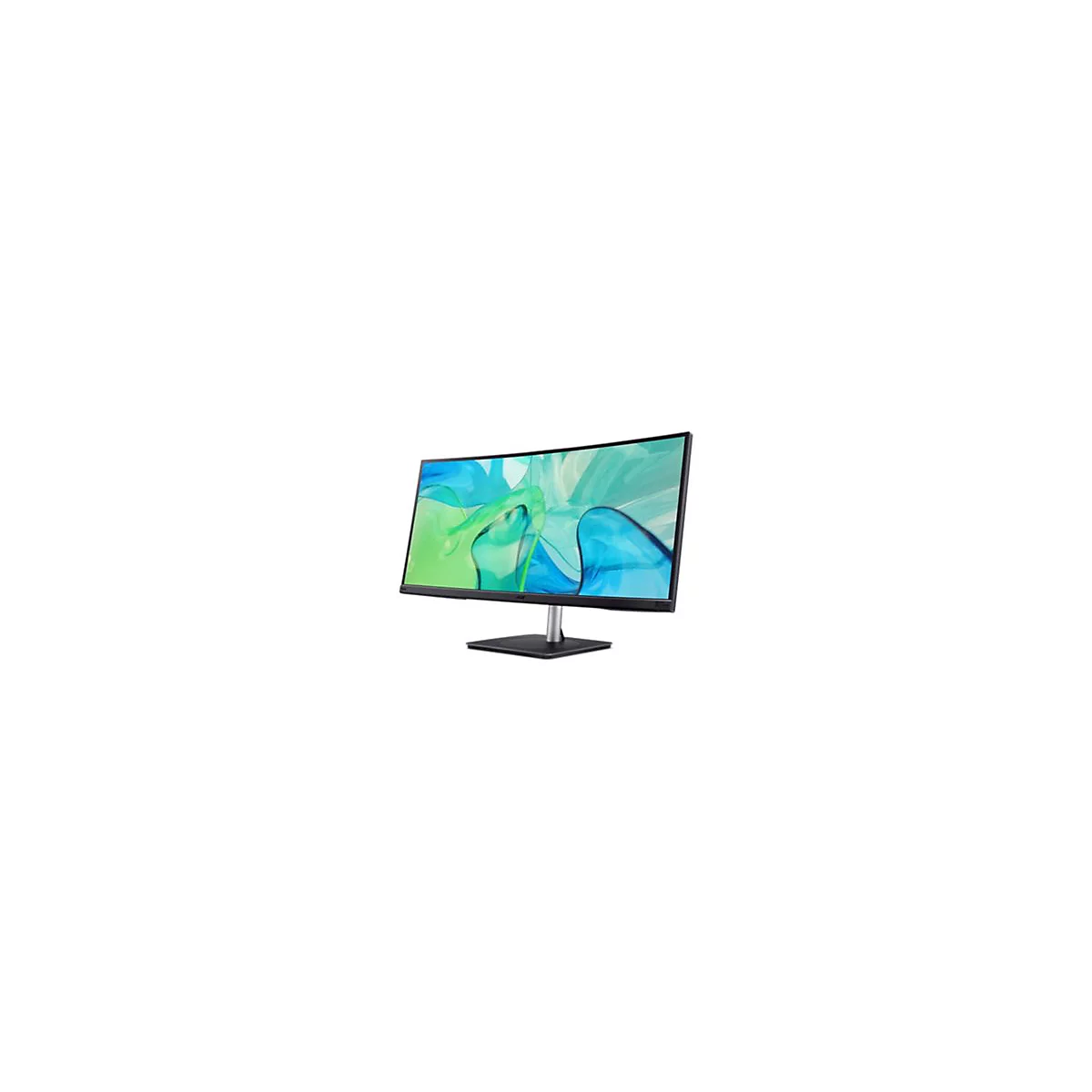 Schwarzer Acer Curved-Monitor mit dünnem Rahmen auf einem schlichten Ständer vor weißem Hintergrund.