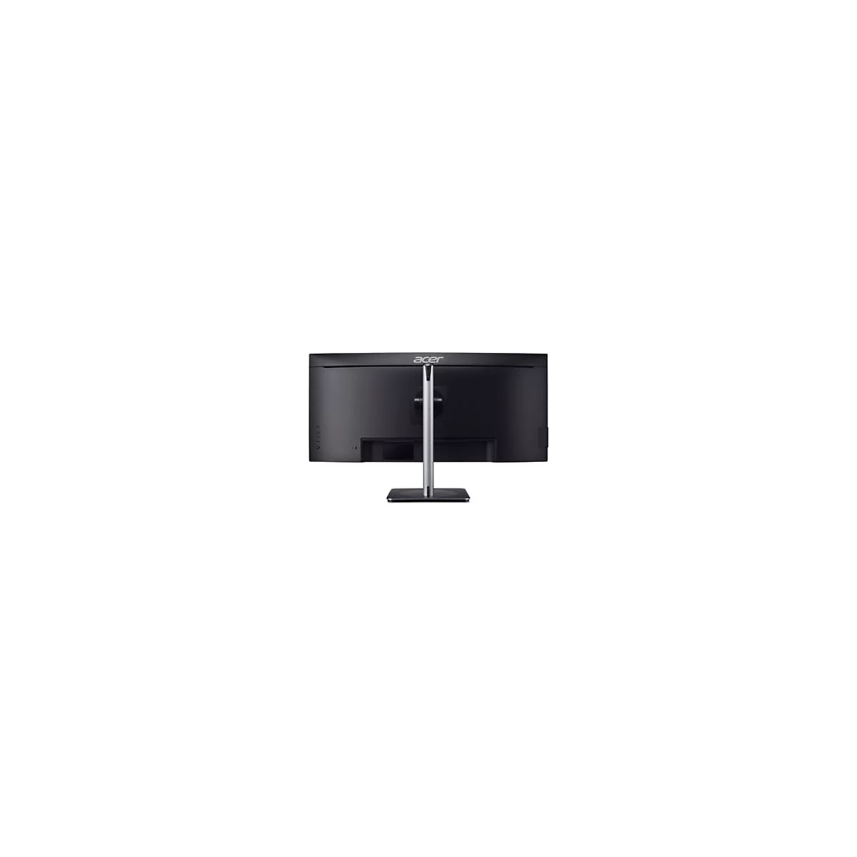 Rückseite eines schwarzen Acer Curved-Monitors mit silbernem Standfuß vor weißem Hintergrund.