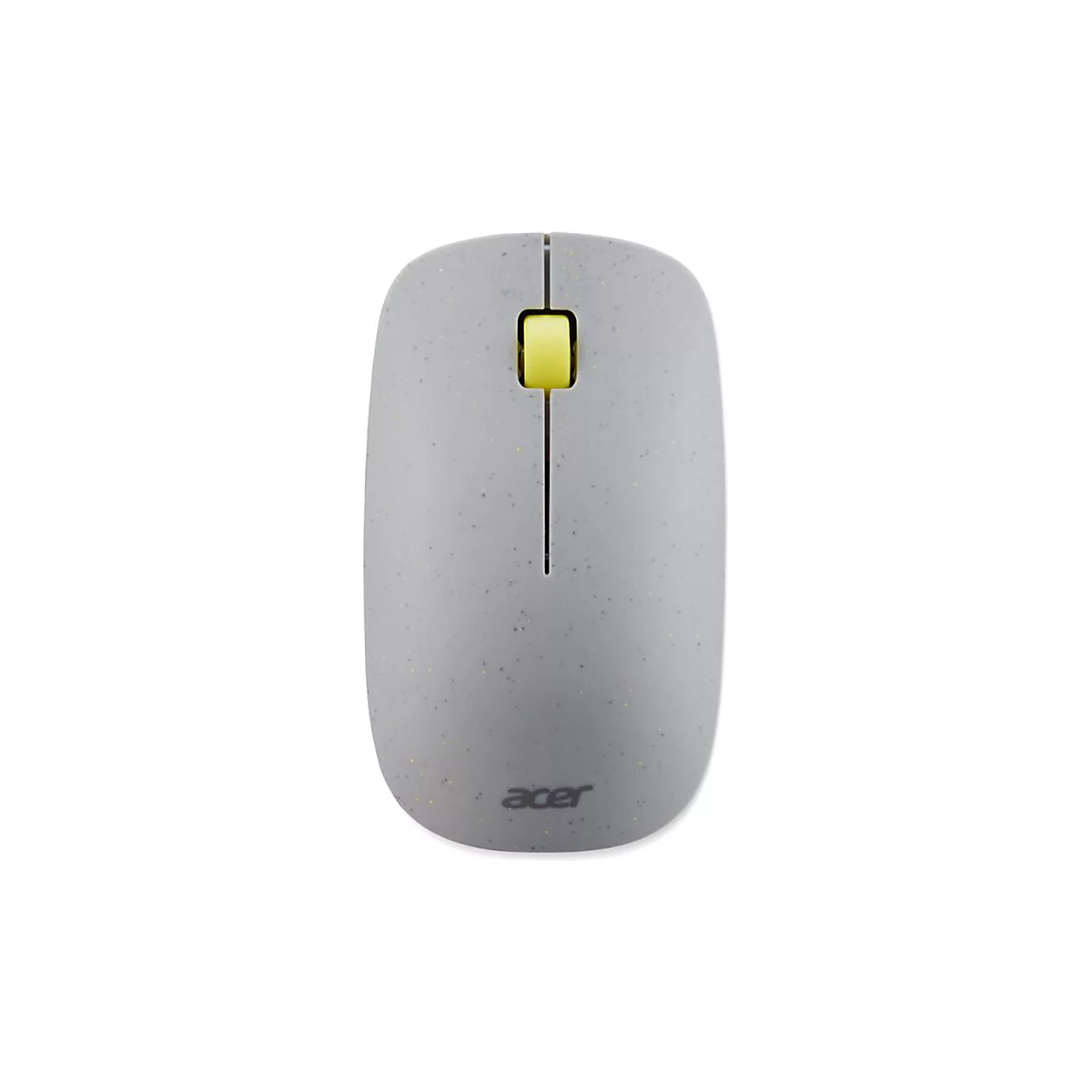 Graue Acer-Computermaus mit Sprenkel-Optik und gelbem Scrollrad vor weißem Hintergrund.