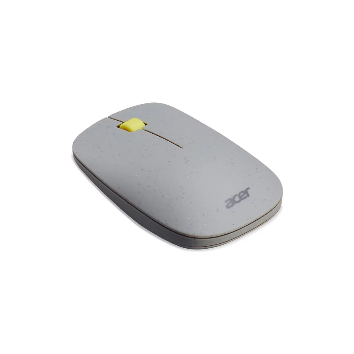 Graue Acer-Computermaus mit gelbem Scrollrad und gesprenkeltem Design auf weißem Hintergrund.