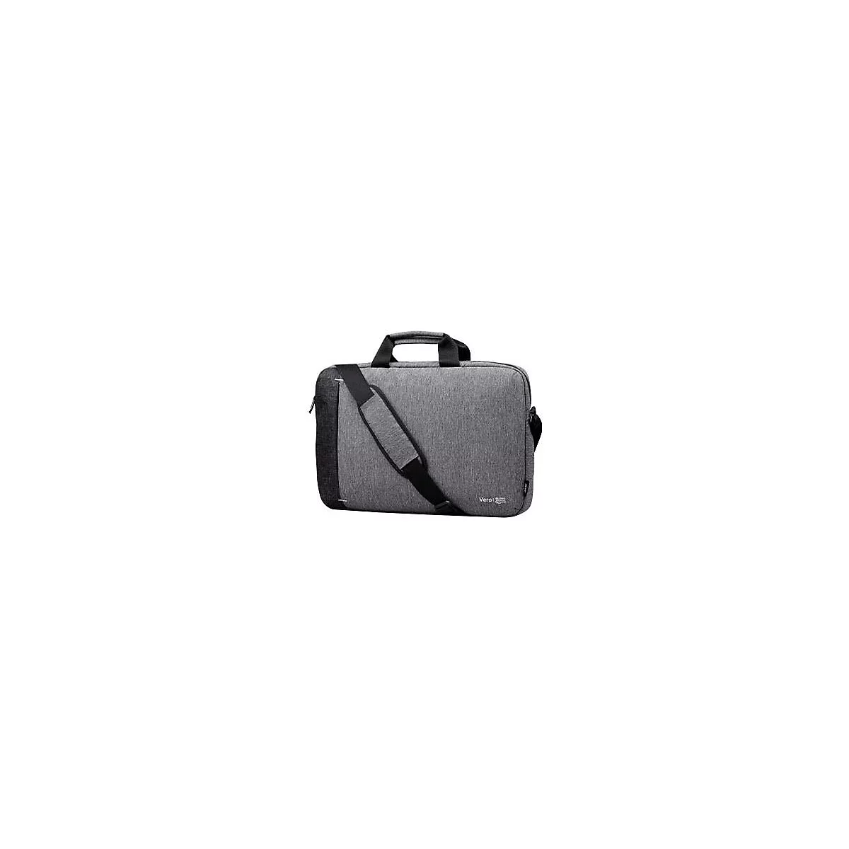 Graue Laptoptasche mit Tragegriff und Schultergurt, mit Logo "Vero" auf der Vorderseite.
