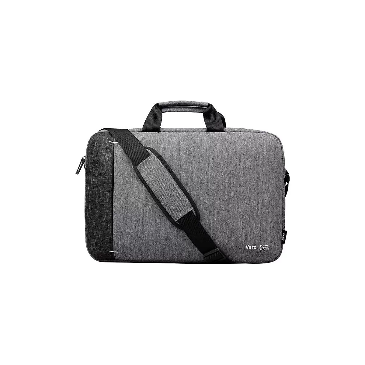 Graue Laptoptasche mit schwarzen Tragegriffen, Schultergurt und Vero Ocean Bound Plastic Logo.