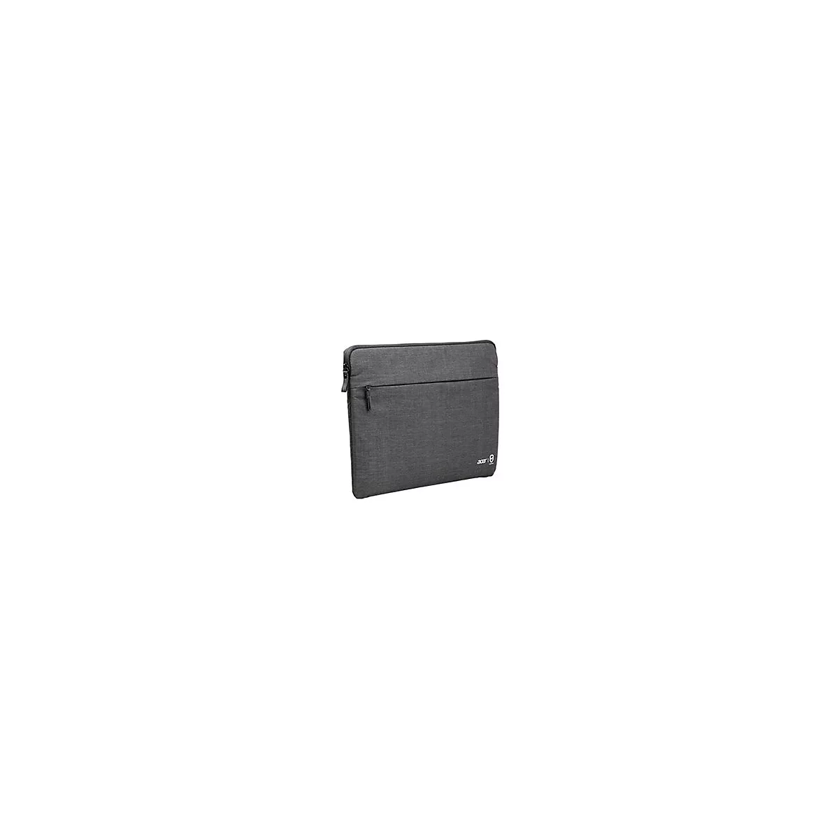 Graue Acer Laptoptasche aus Textil mit Reißverschlussfach und kleinem Logo-Aufdruck auf weißem Hintergrund.
