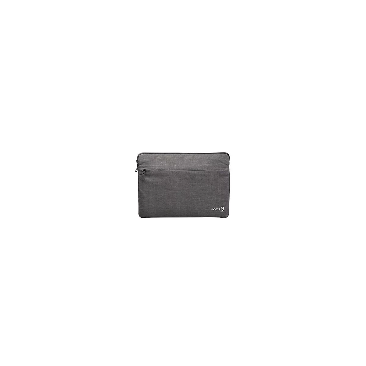 Graue Acer Laptoptasche im Querformat mit Reißverschlussfach und weißem Logo auf weißem Hintergrund.