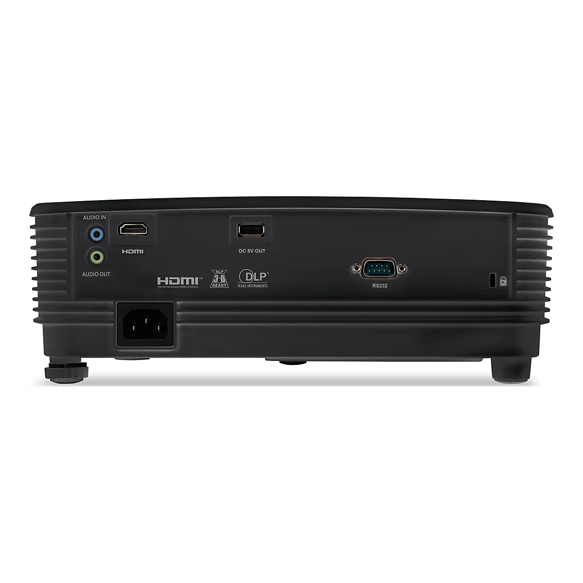 Rückseite eines schwarzen Projektors mit verschiedenen Anschlussbuchsen wie HDMI, Audio, USB und RS232.
