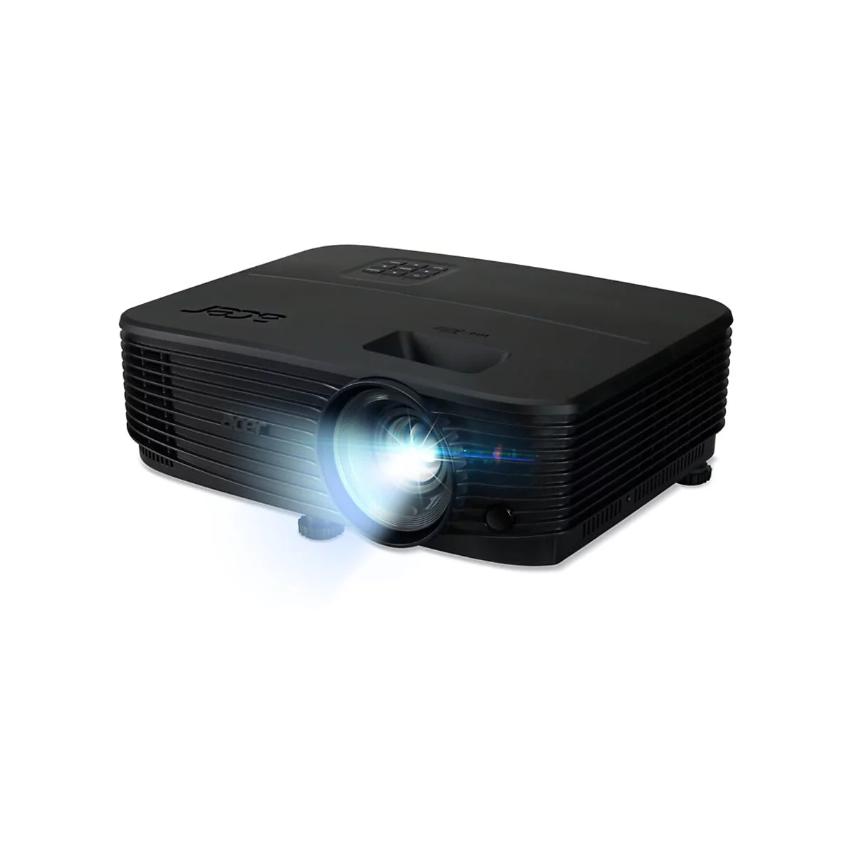 Schwarzer Acer-Projektor mit blauem Lichtstrahl auf weiÃŸem Hintergrund.