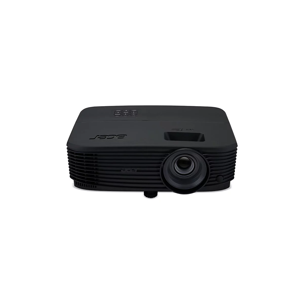 Schwarzer Acer-Projektor, Frontansicht. Er hat ein Objektiv, BedienknÃ¶pfe oben und das Acer-Logo.