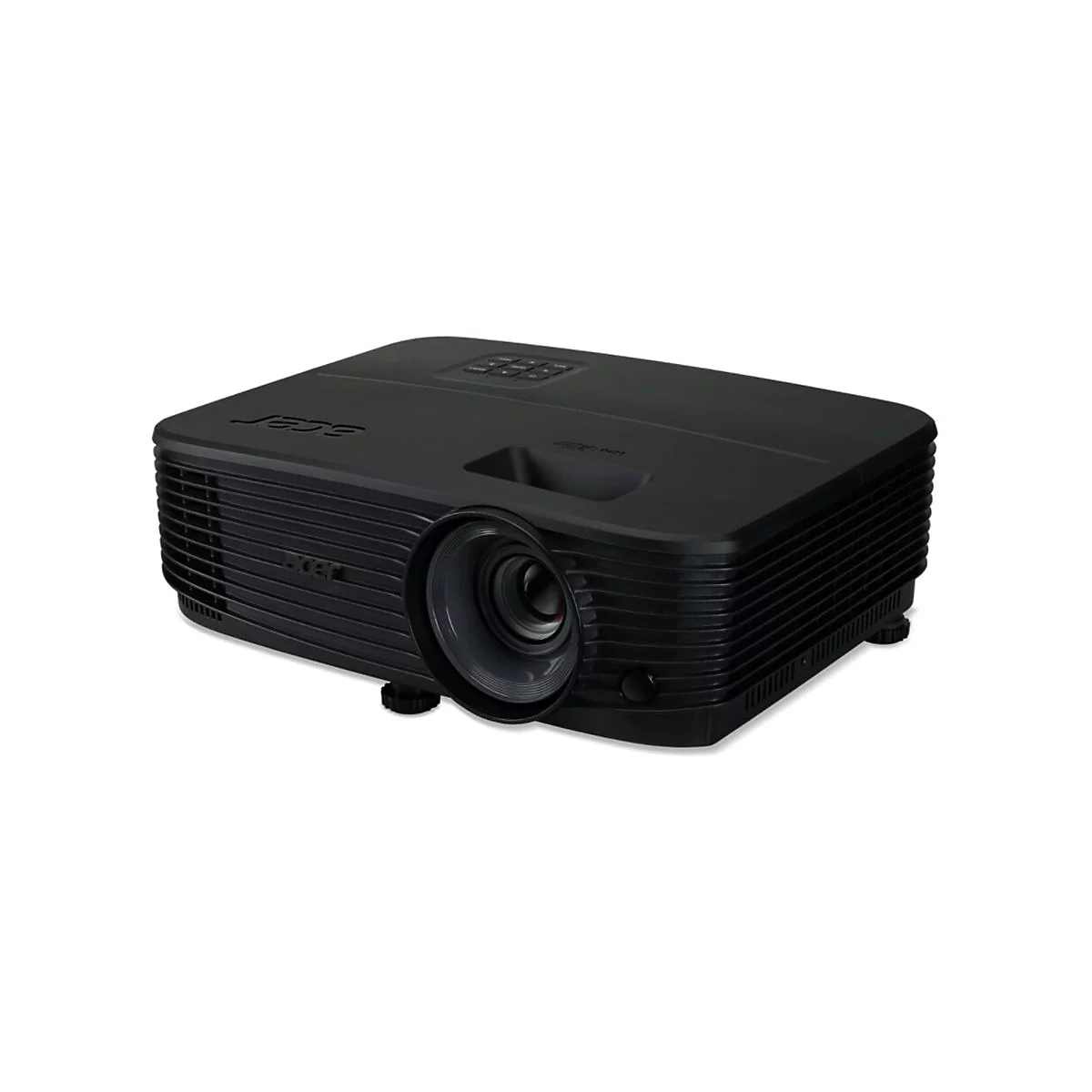 Schwarzer Projektor mit Linsen, der auf weiÃŸem Hintergrund steht. Seitlich ist das Logo sichtbar.