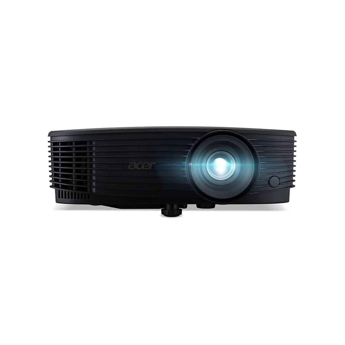 Schwarzer Acer-Projektor vor weiÃŸem Hintergrund. Das Objektiv leuchtet hell.