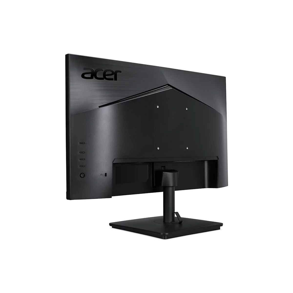 Rückseite eines schwarzen Acer-Monitors mit Standfuß vor weißem Hintergrund.