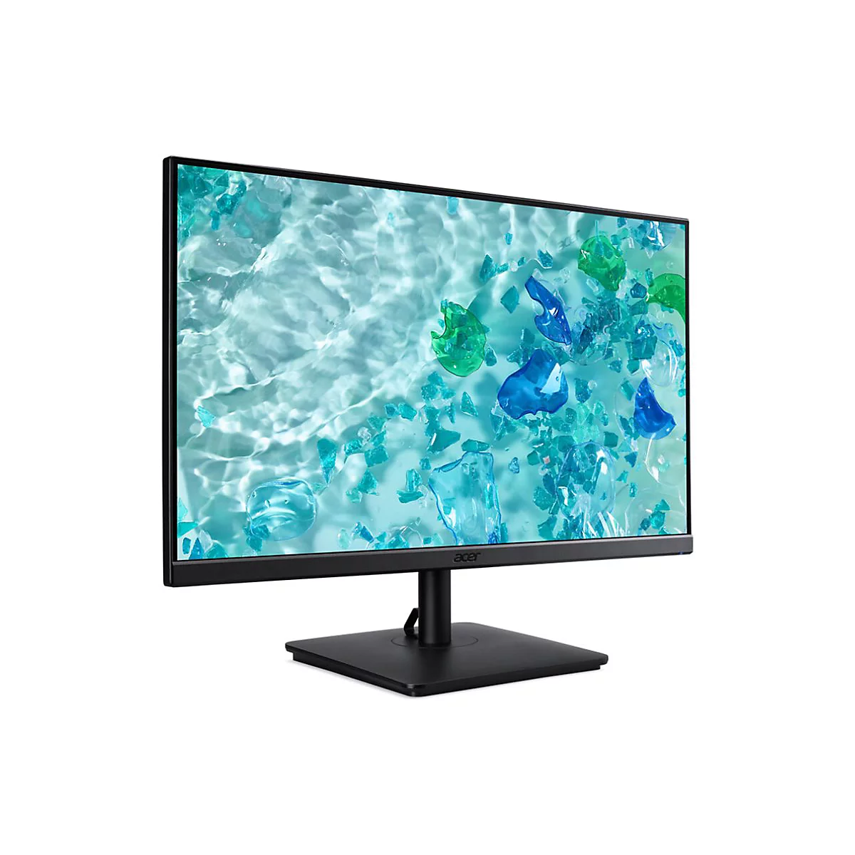Acer Monitor mit schwarzem Rahmen auf einem Standfuß vor weißem Hintergrund.