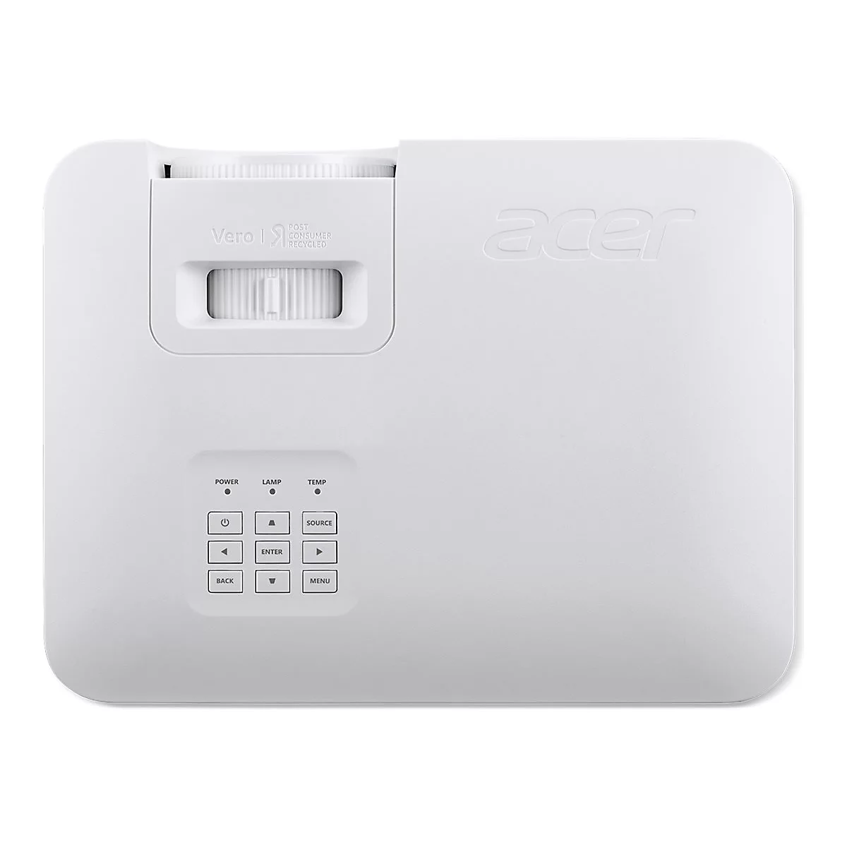 Ein weiÃŸer Acer-Projektor von oben. Er hat Bedienelemente und das Logo auf der Oberseite.