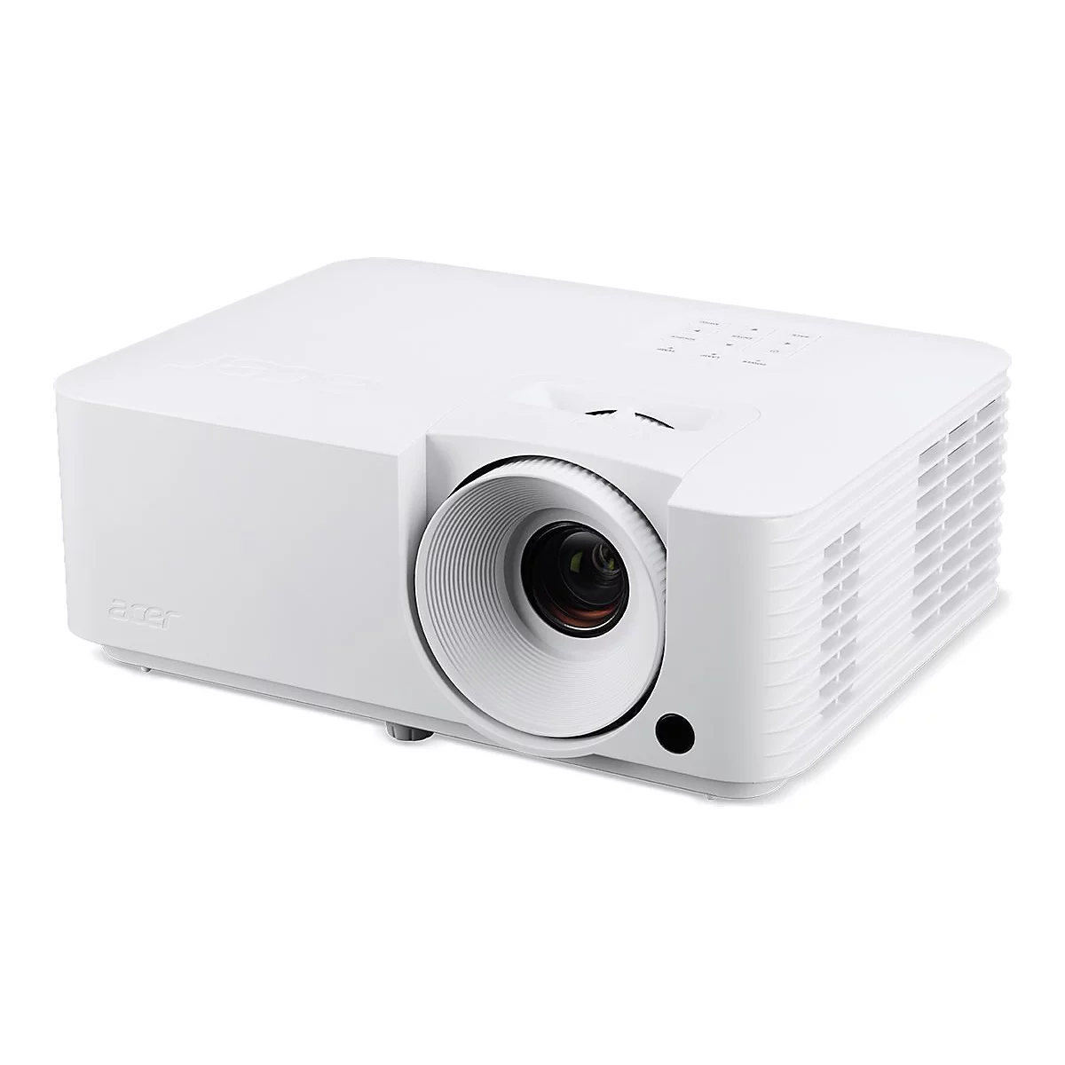 WeiÃŸer Acer Projektor, Frontansicht mit Linse und LÃ¼ftungsschlitzen. Das Acer-Logo ist sichtbar.