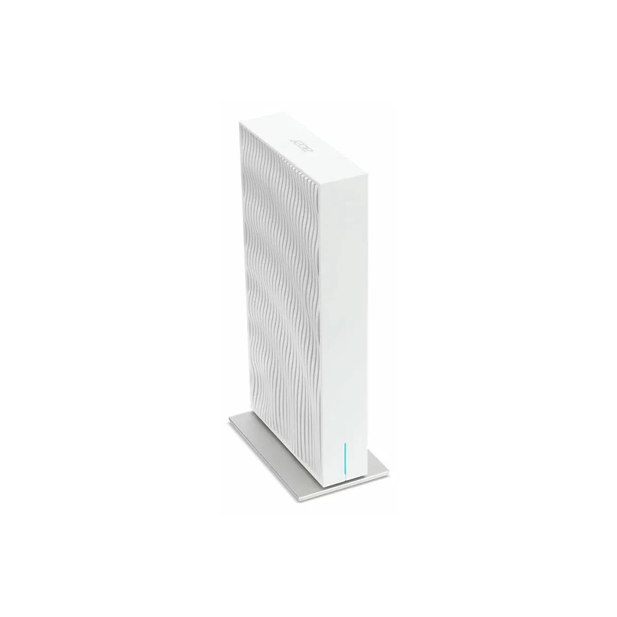 Weißer schlanker Acer Router auf silbernem Standfuß mit wellenförmiger Frontstruktur und kleiner blauer LED.