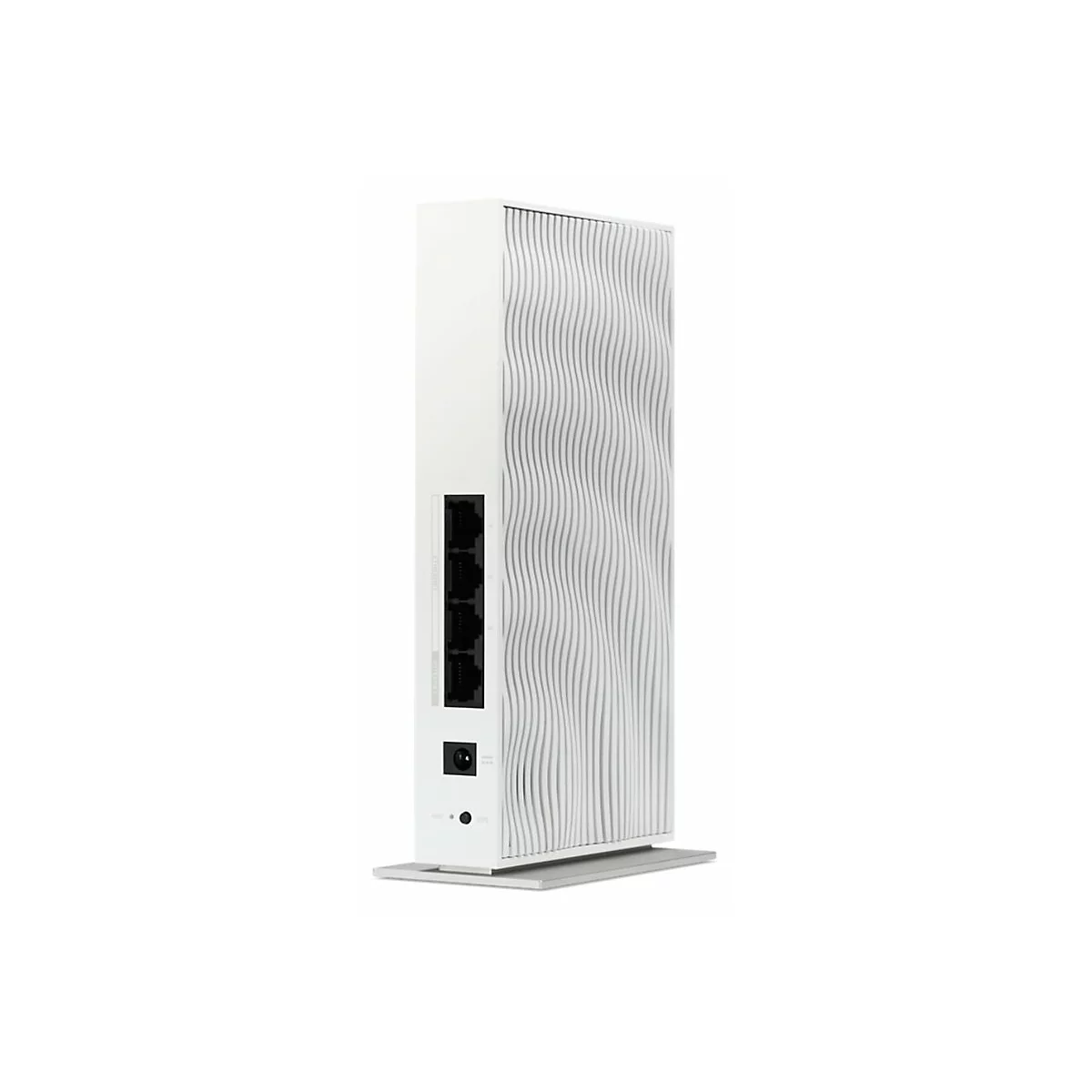 Weißer, hochkant stehender WLAN-Router mit wellenförmiger Frontplatte und seitlichen LAN-Anschlüssen.