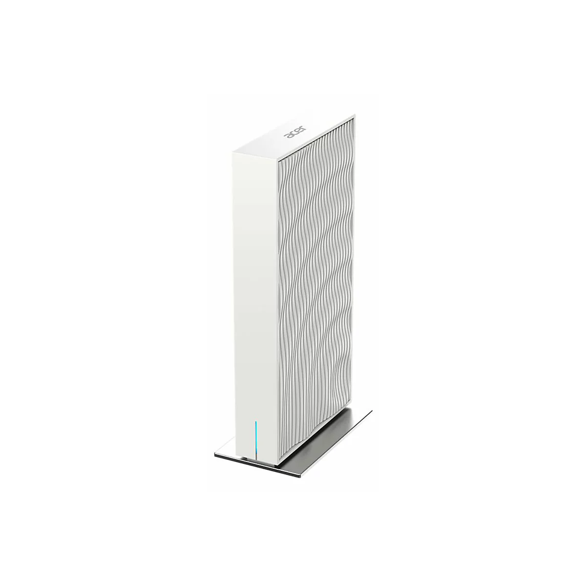 Schlanker, weißer Acer-Router mit wellenförmiger Frontstruktur und blauem Lichtindikator auf einem silbernen Standfuß.