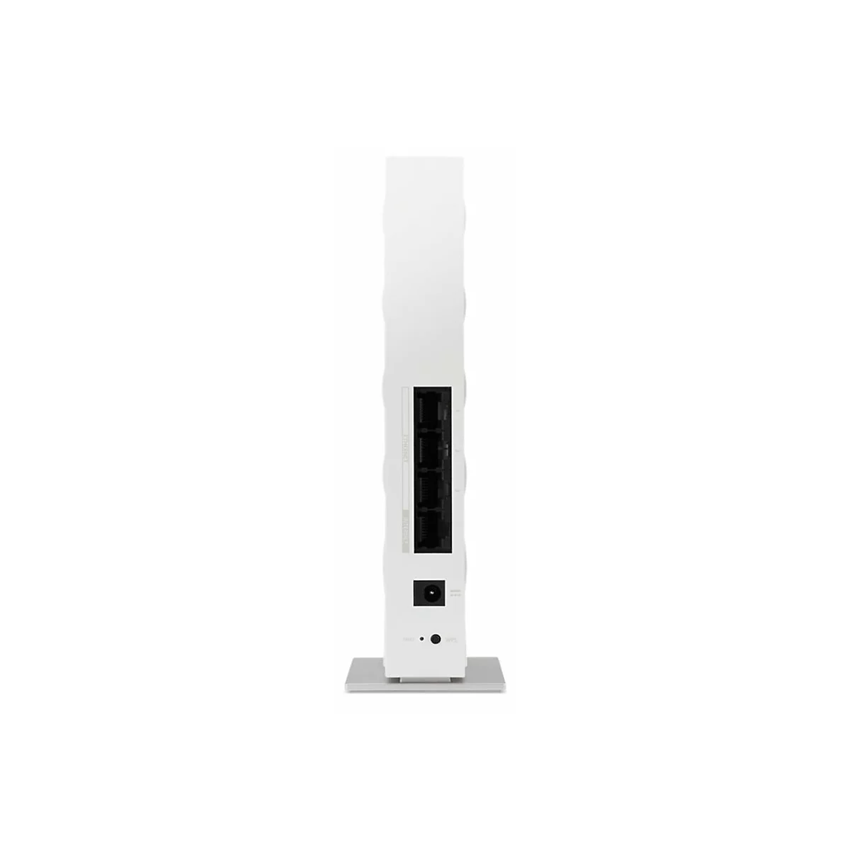 Rückansicht eines weißen Routers mit vier Ethernet-Anschlüssen, einem Stromanschluss und Reset-Taste.