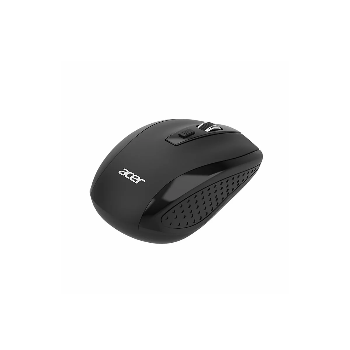 Schwarze kabellose Acer-Computermaus mit strukturierten Seitengriffen vor weißem Hintergrund.