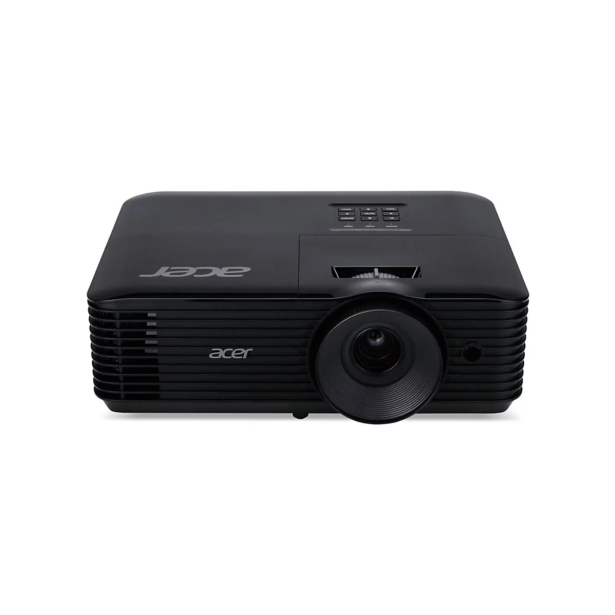 Schwarzer Acer Projektor auf weiÃŸem Hintergrund. Objektiv, Bedienelemente und Logos sichtbar.