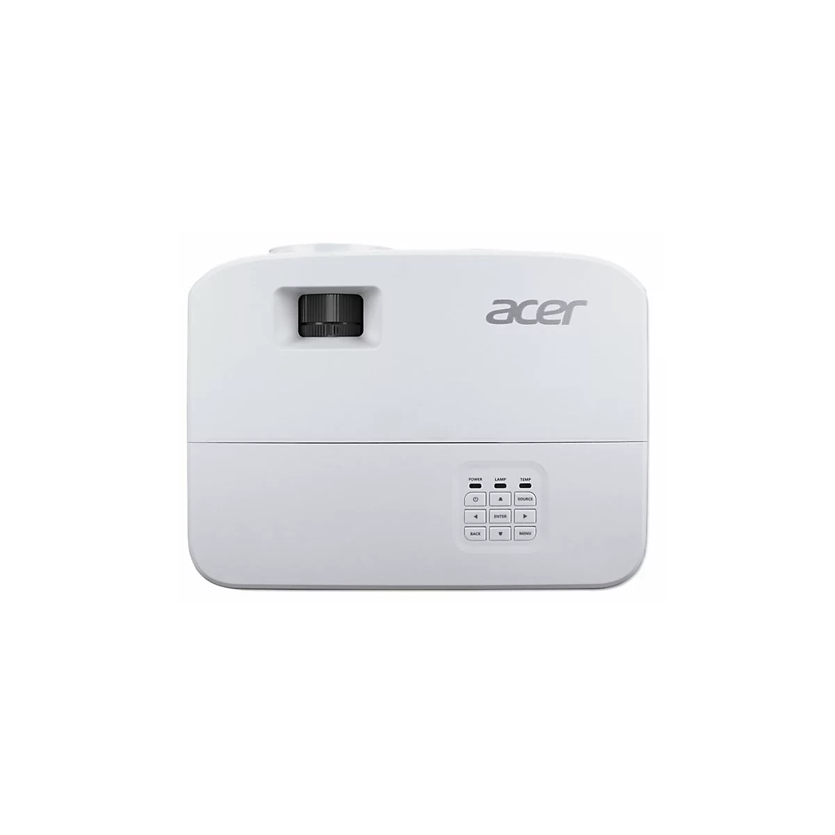 Weißer Acer-Projektor in der Draufsicht mit Bedienfeld und Objektiv vor neutralem Hintergrund.