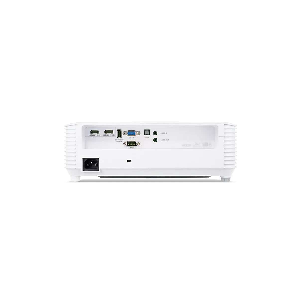 Rückseite eines weißen Projektors mit verschiedenen Anschlüssen wie HDMI, VGA und Audio.