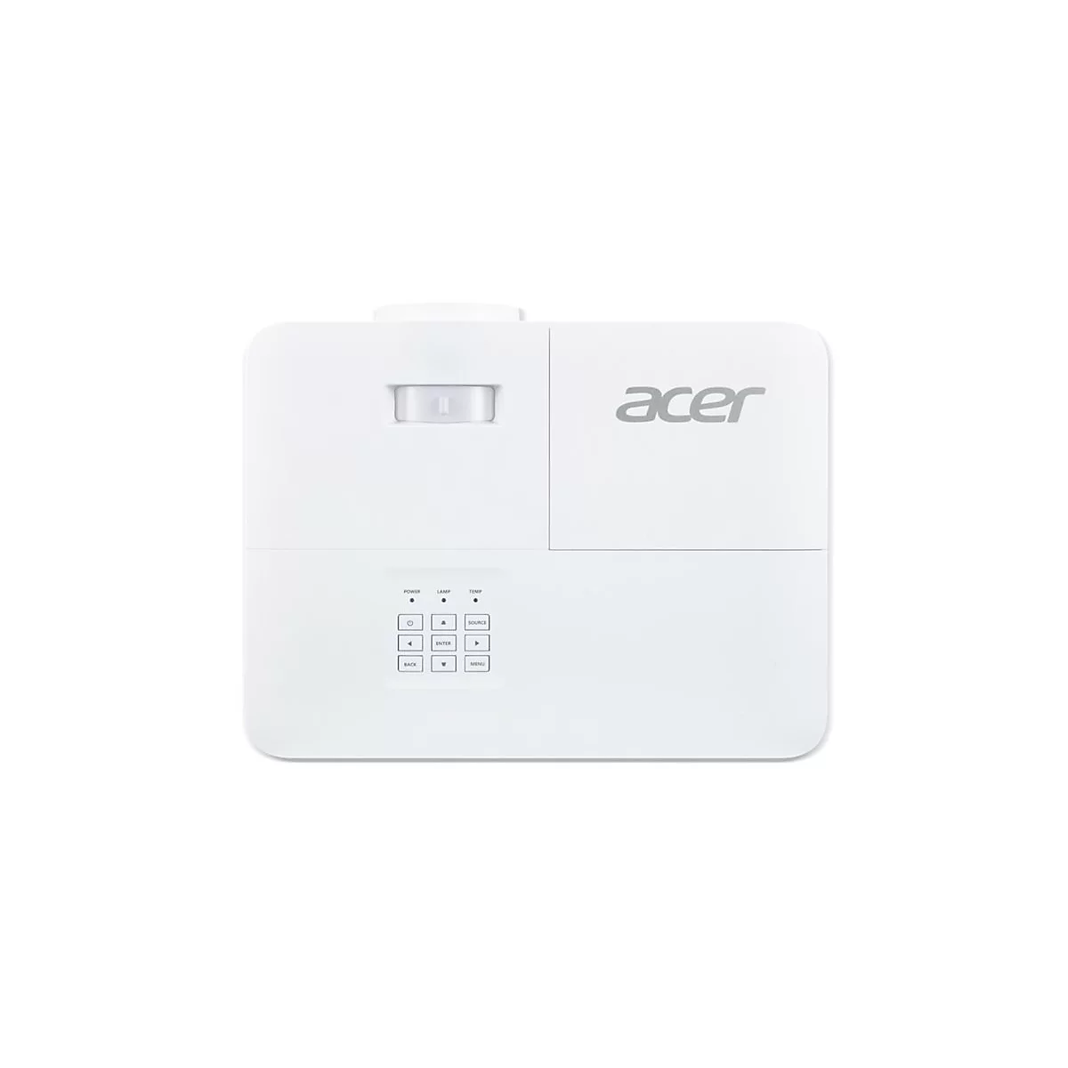 Draufsicht eines weißen Acer-Projektors mit Bedienelementen und Objektiv vor weißem Hintergrund.