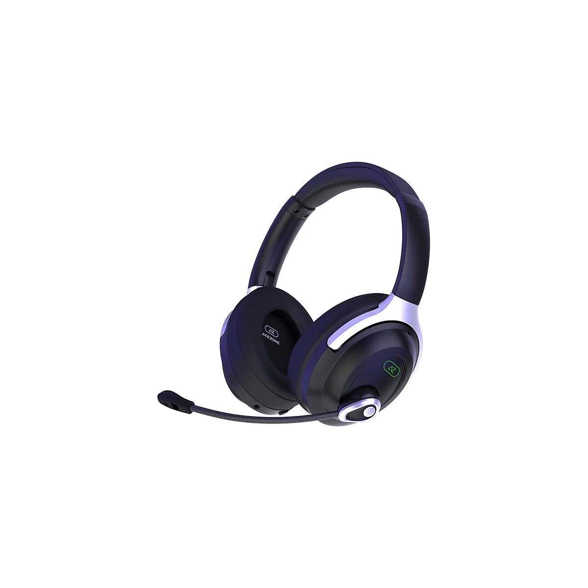 Schwarzes Headset mit silbernen Akzenten und Mikrofon. Auf den Ohrmuscheln ist das Logo von 'ACEZONE' und 'AZ' zu sehen.