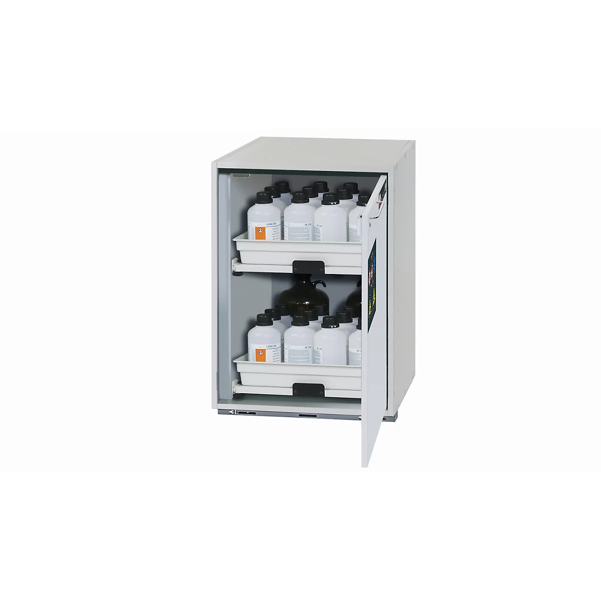 White cabinet with open door filled with bottles on shelves. Each bottle has a label.