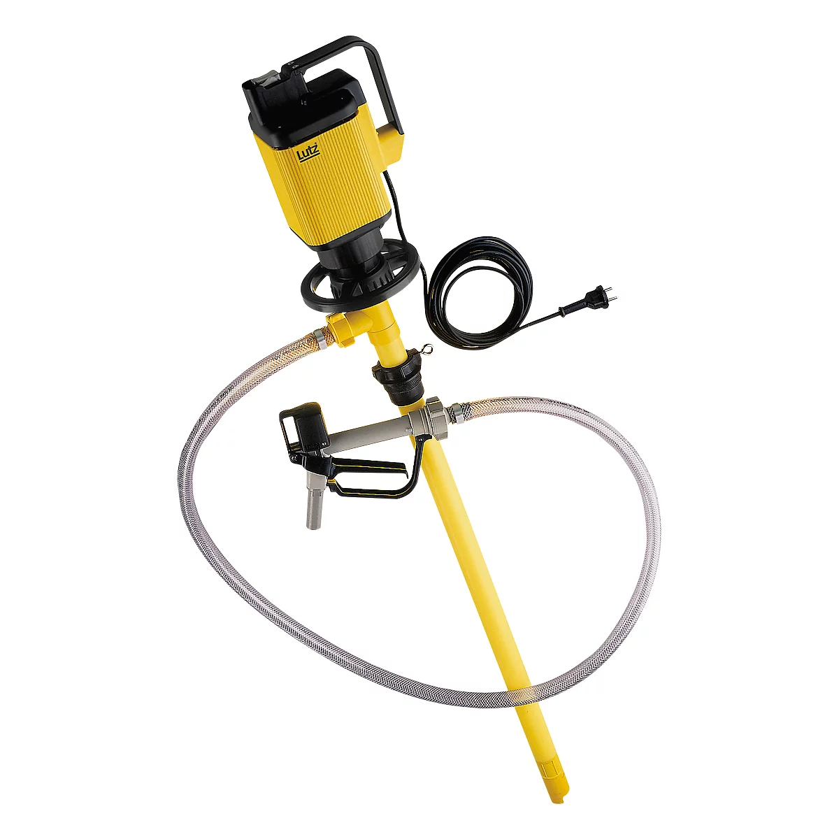 Yellow barrel pump with black elements, cable, silver tubes, and handle. Text "Lutz".