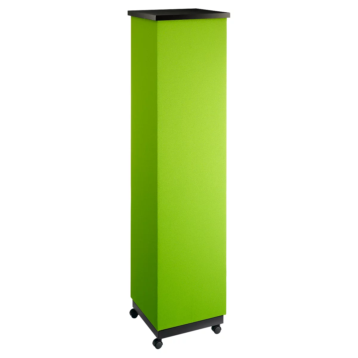 A green, rectangular presentation stand with wheels, a black base, and a lid.