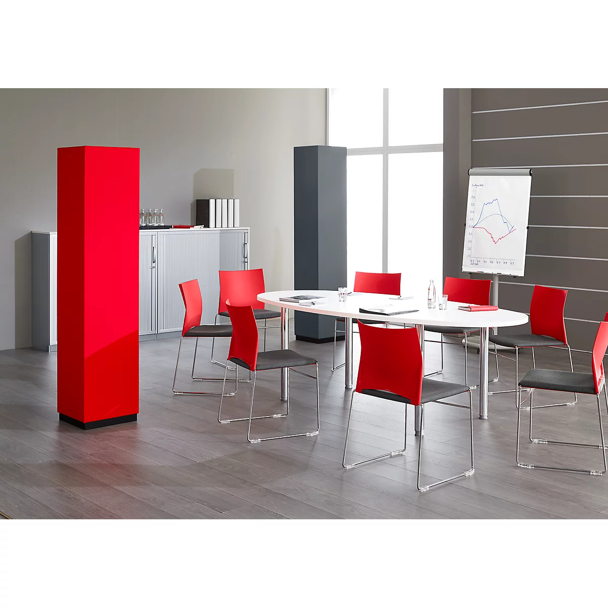 Conference room with red pillar, oval table, chairs and flipchart. Inviting atmosphere.