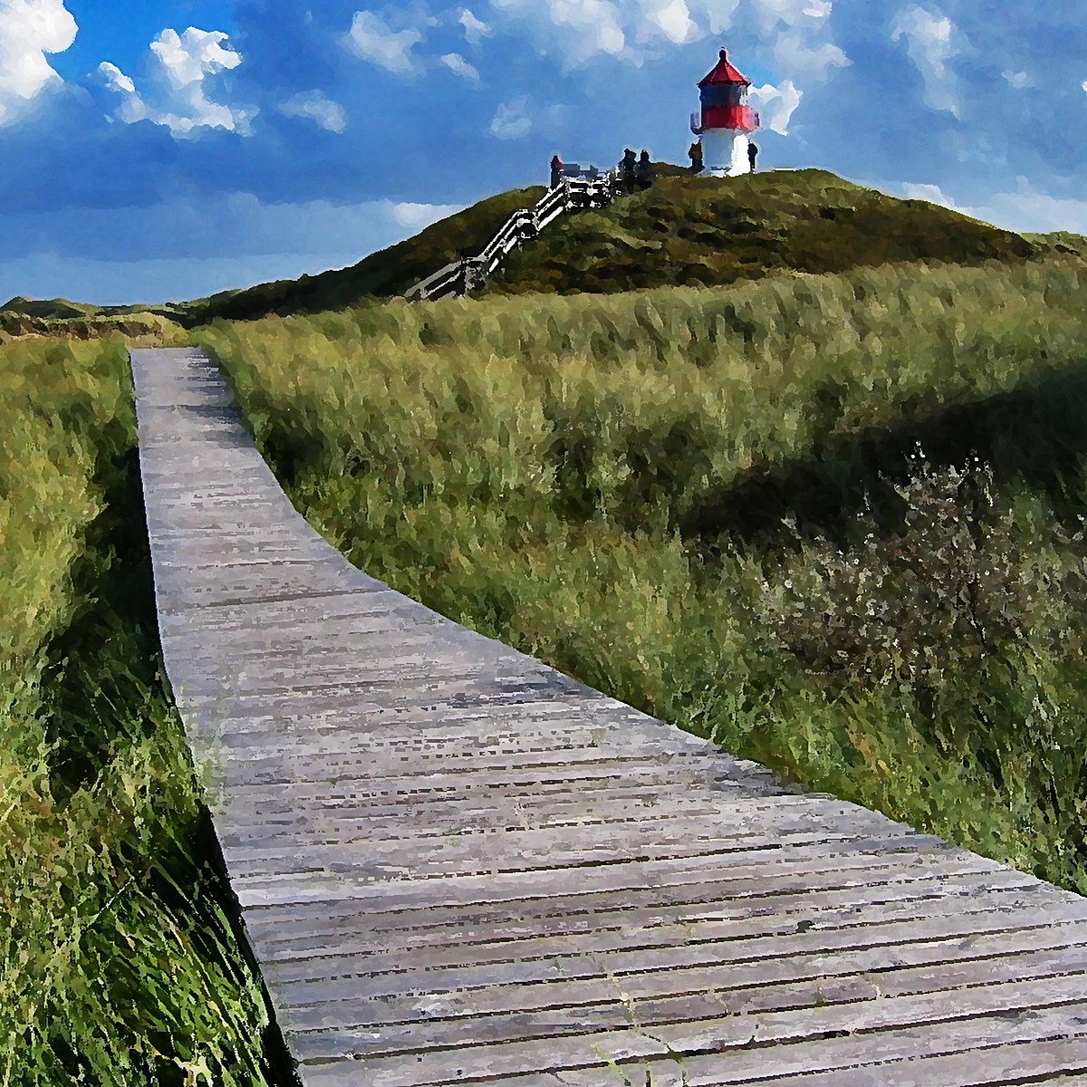 A wooden walkway leads to a lighthouse on a hill with grass. Clouds are visible in the sky.