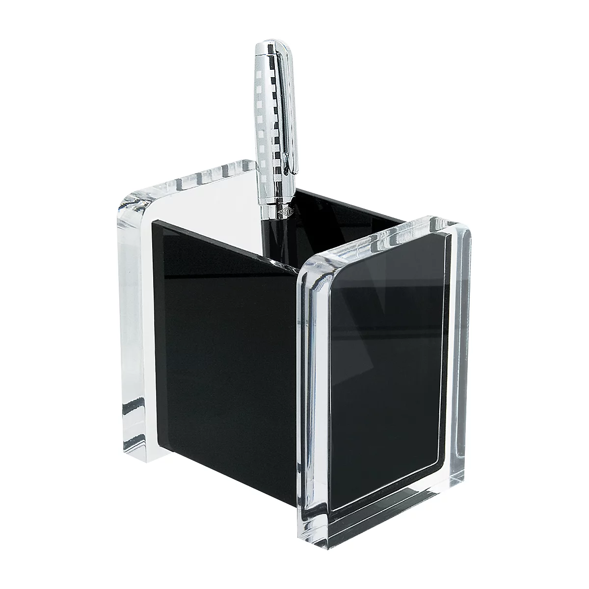 Black acrylic pen holder with a pen.