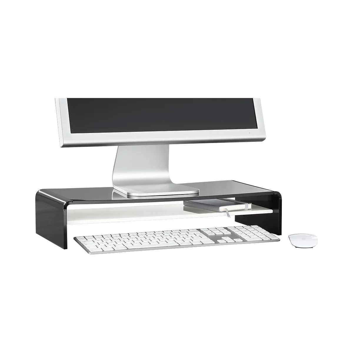 Acryl-mediadrager U-vorm met legbord, 500 x 230 x 100 mm, zwart/wit
