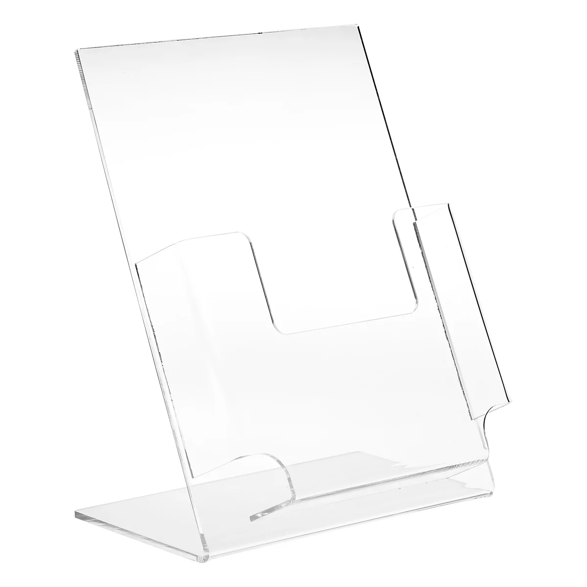 A clear acrylic brochure holder stands upright. It has an angled section for brochures and a perpendicular base.