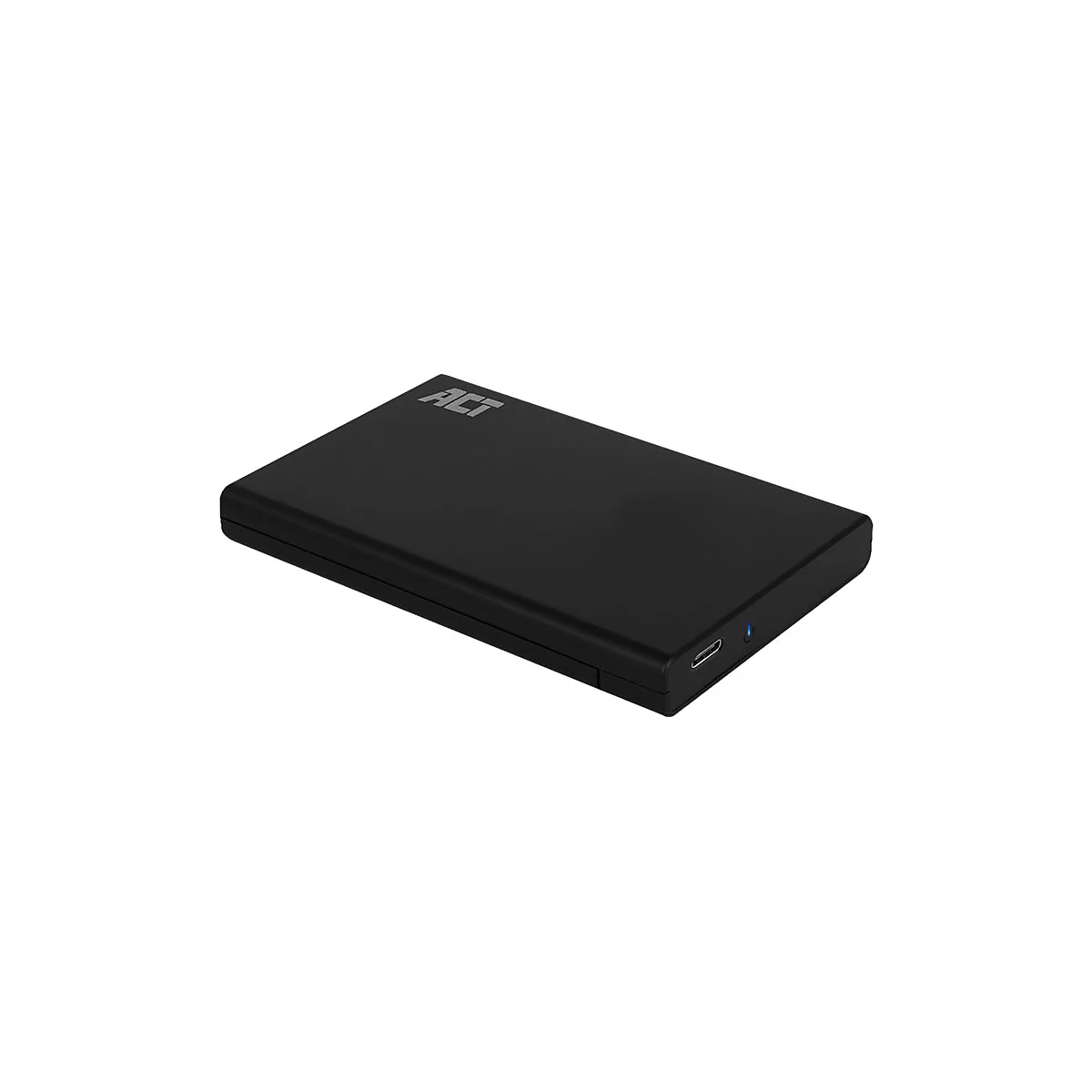 Schwarze externe Festplatte mit ACT-Logo und USB-Anschluss vor weißem Hintergrund.