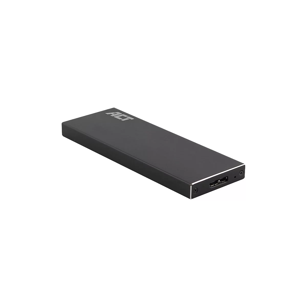 Flache, schwarze externe SSD-Festplatte mit ACT-Logo und USB-Anschluss vor weißem Hintergrund.