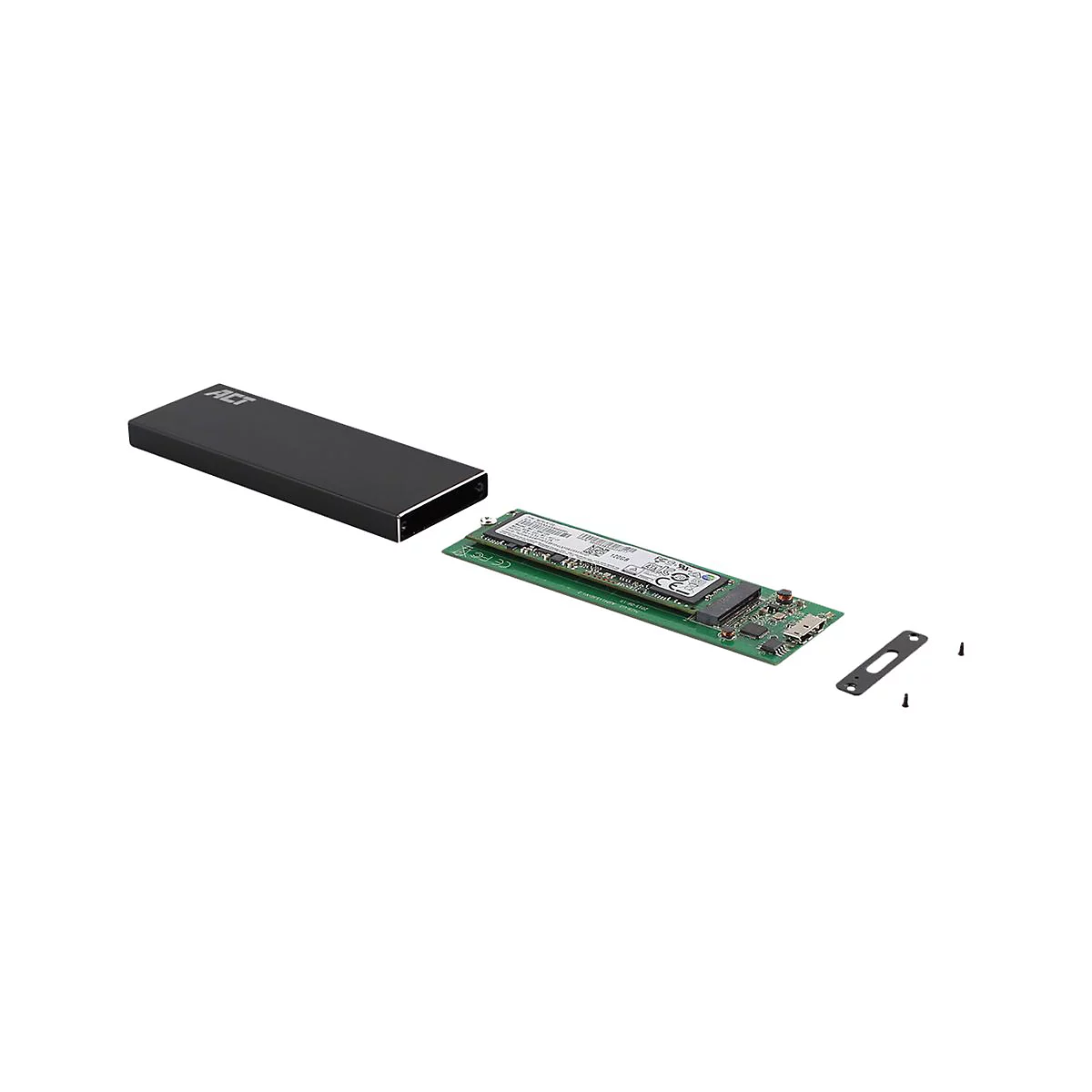 Externes SSD-Gehäuse in Schwarz mit entnommener Speicherplatine, Montageplatte und kleinen Schrauben.
