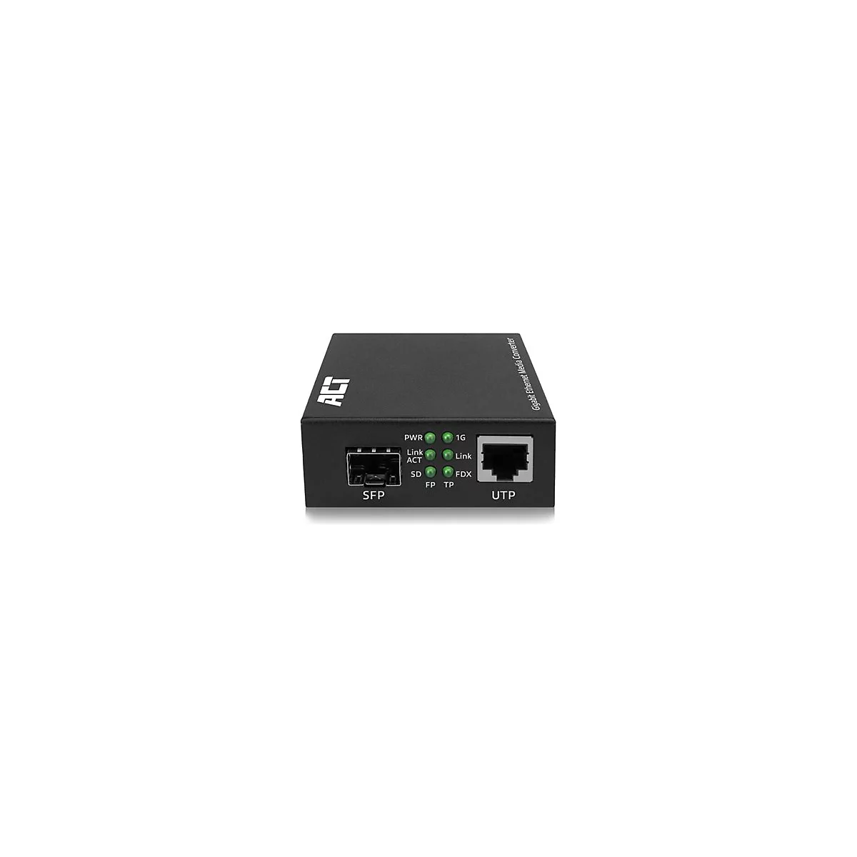 Schwarzer Gigabit Ethernet Medienkonverter von ACT mit SFP- und UTP-Anschluss sowie Status-LEDs.