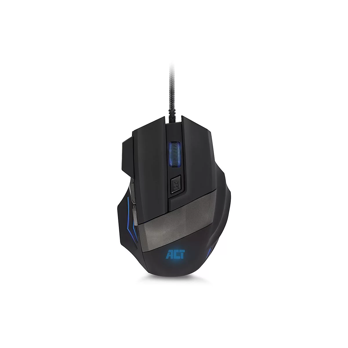 Schwarze Gaming-Maus mit blau beleuchtetem Scrollrad, DPI-Taste und ACT-Logo vor weißem Hintergrund.