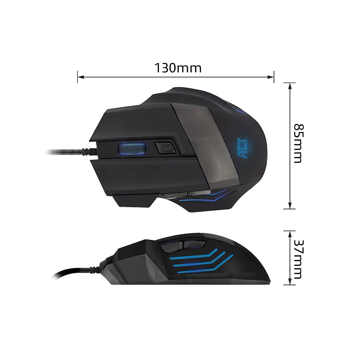 Schwarze Gaming-Maus mit blauer Beleuchtung, Draufsicht und Seitenansicht mit Bemaßung in Millimeter.