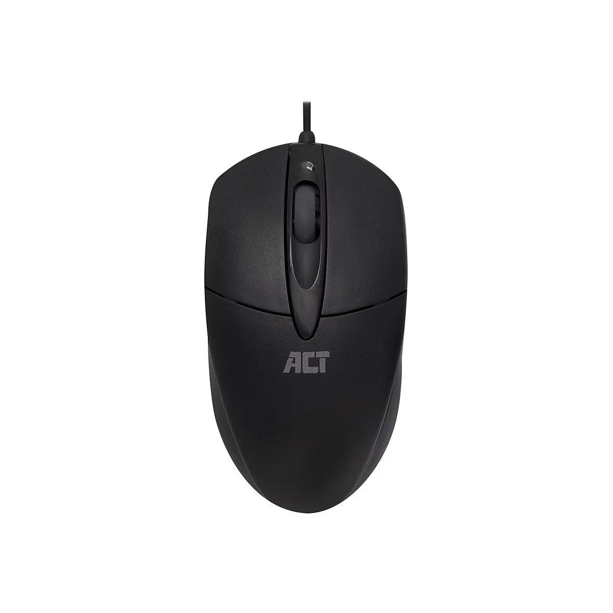 Schwarze kabelgebundene Computermaus mit ACT-Logo und Scrollrad vor weißem Hintergrund.