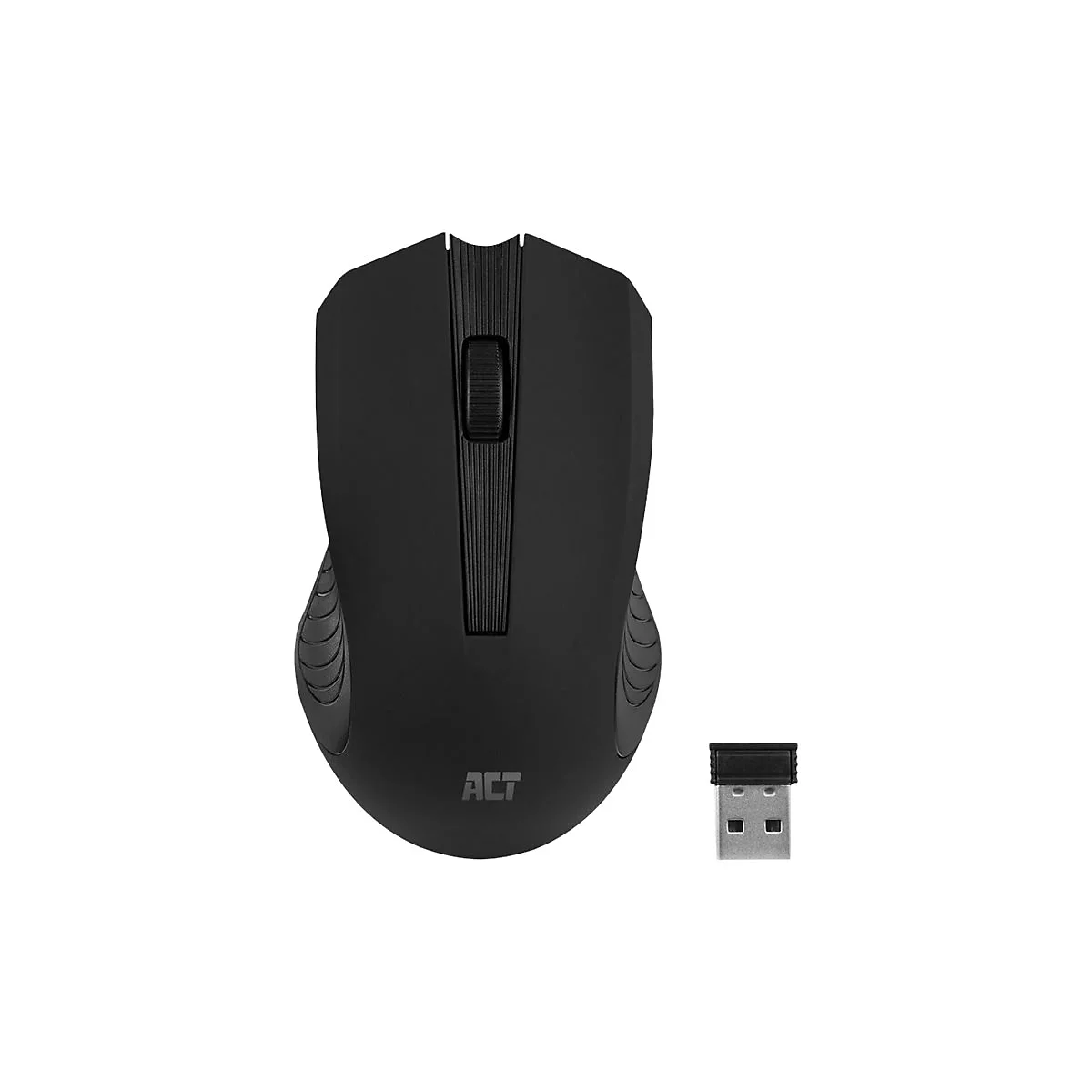 Schwarze kabellose Computermaus mit USB-Empfänger auf weißem Hintergrund.