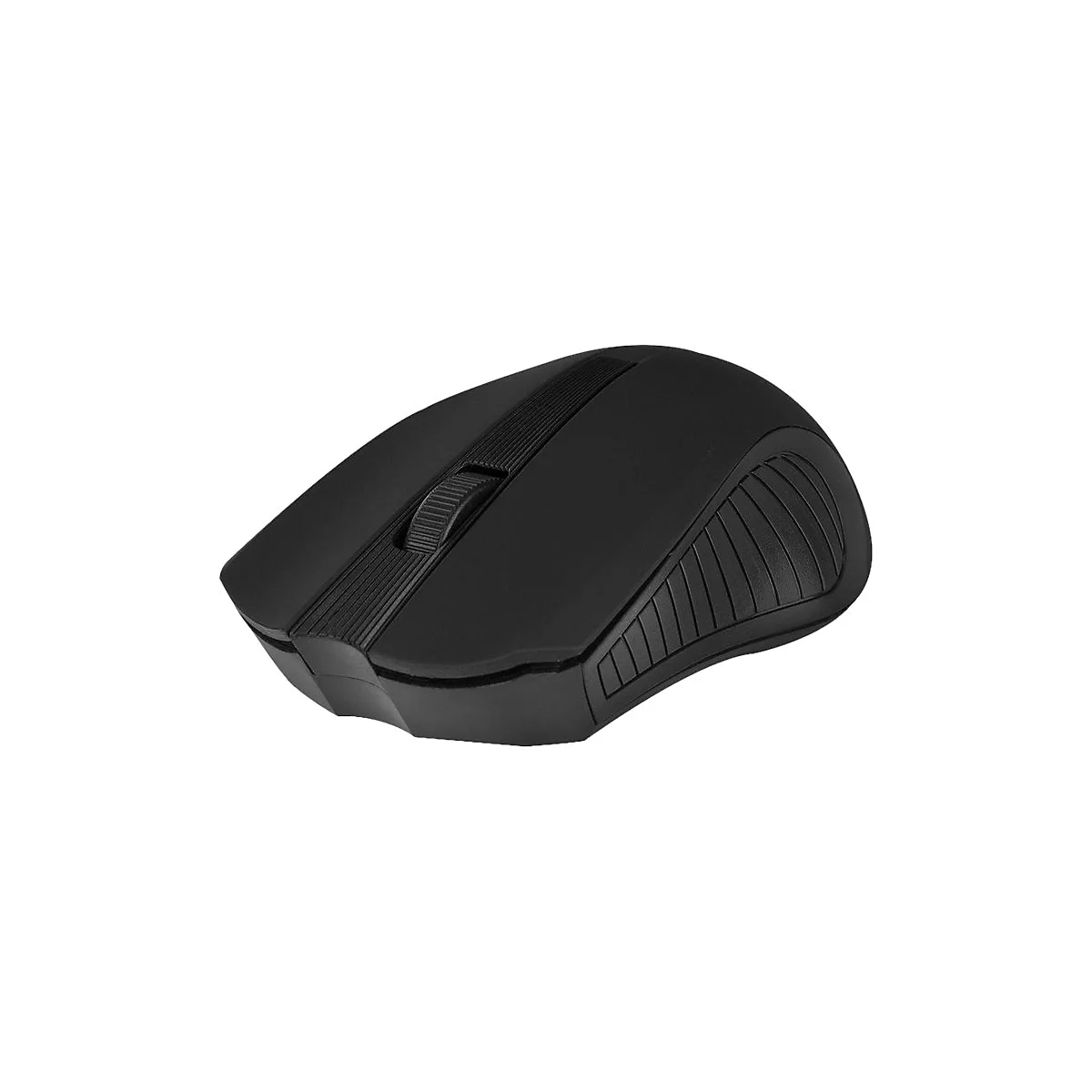 Schwarze kabellose Computermaus in ergonomischer Form mit einem mittigen Mausrad vor weißem Hintergrund.