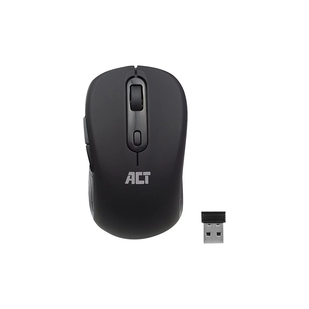 Schwarze kabellose Computermaus der Marke ACT mit Scrollrad und USB-Empfänger auf weißem Hintergrund.