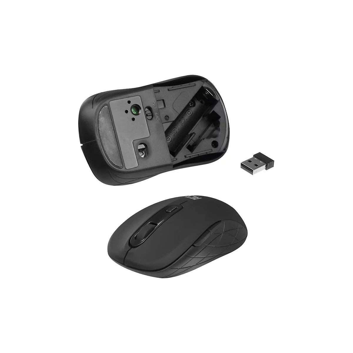 Draufsicht und Unterseite einer schwarzen kabellosen Computermaus mit abgenommenem Batteriefachdeckel und USB-Empfänger.