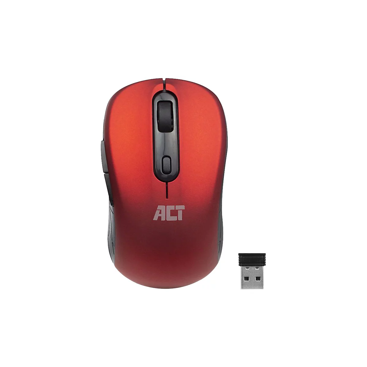 Eine kabellose, metallisch rote ACT-Computermaus mit schwarzem Scrollrad und kleinem USB-Empfänger daneben.