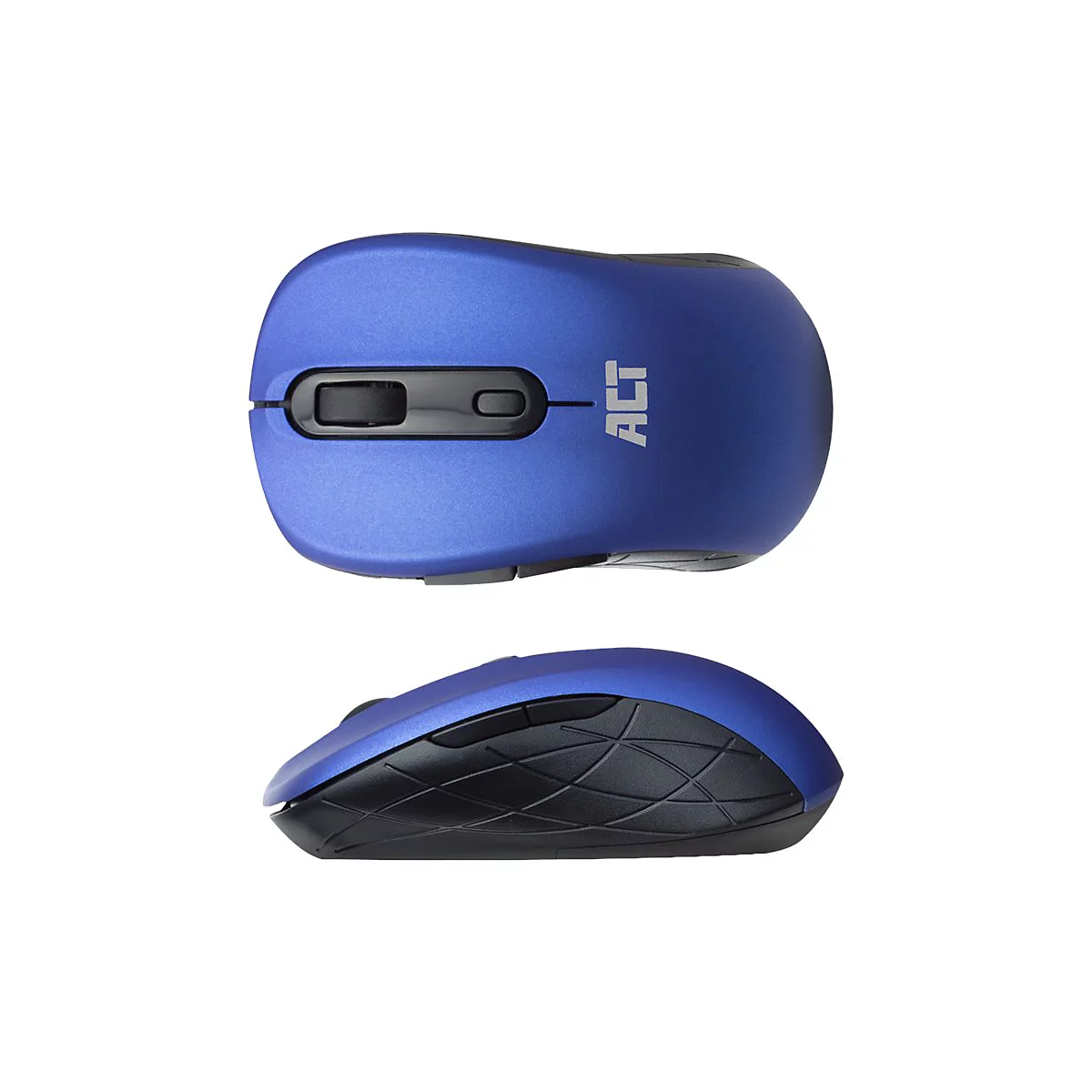 Draufsicht und Seitenansicht einer blauen, ergonomischen Funkmaus mit schwarzem Mausrad und ACT-Logo.