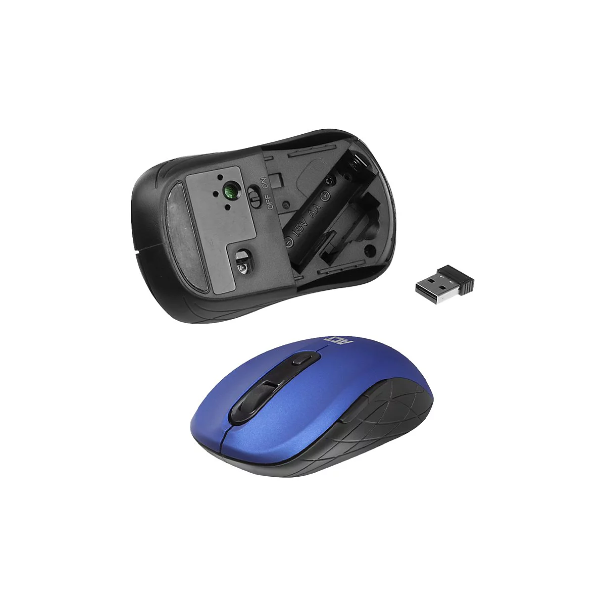 Drahtlose blaue Computermaus von oben und unten mit USB-Empfänger auf weißem Grund.